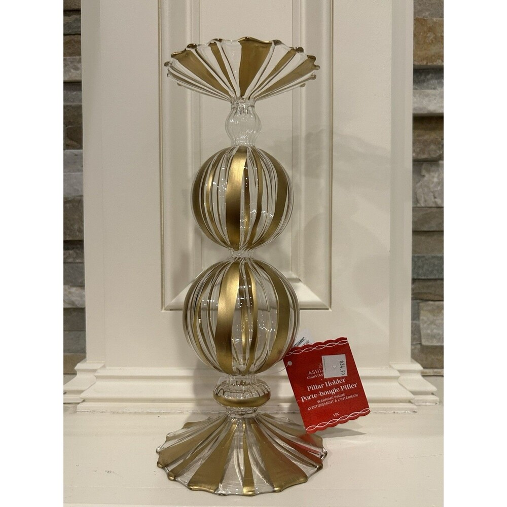 Ashland Glass Gold Striped Round Pillar Candle Holder Decorative